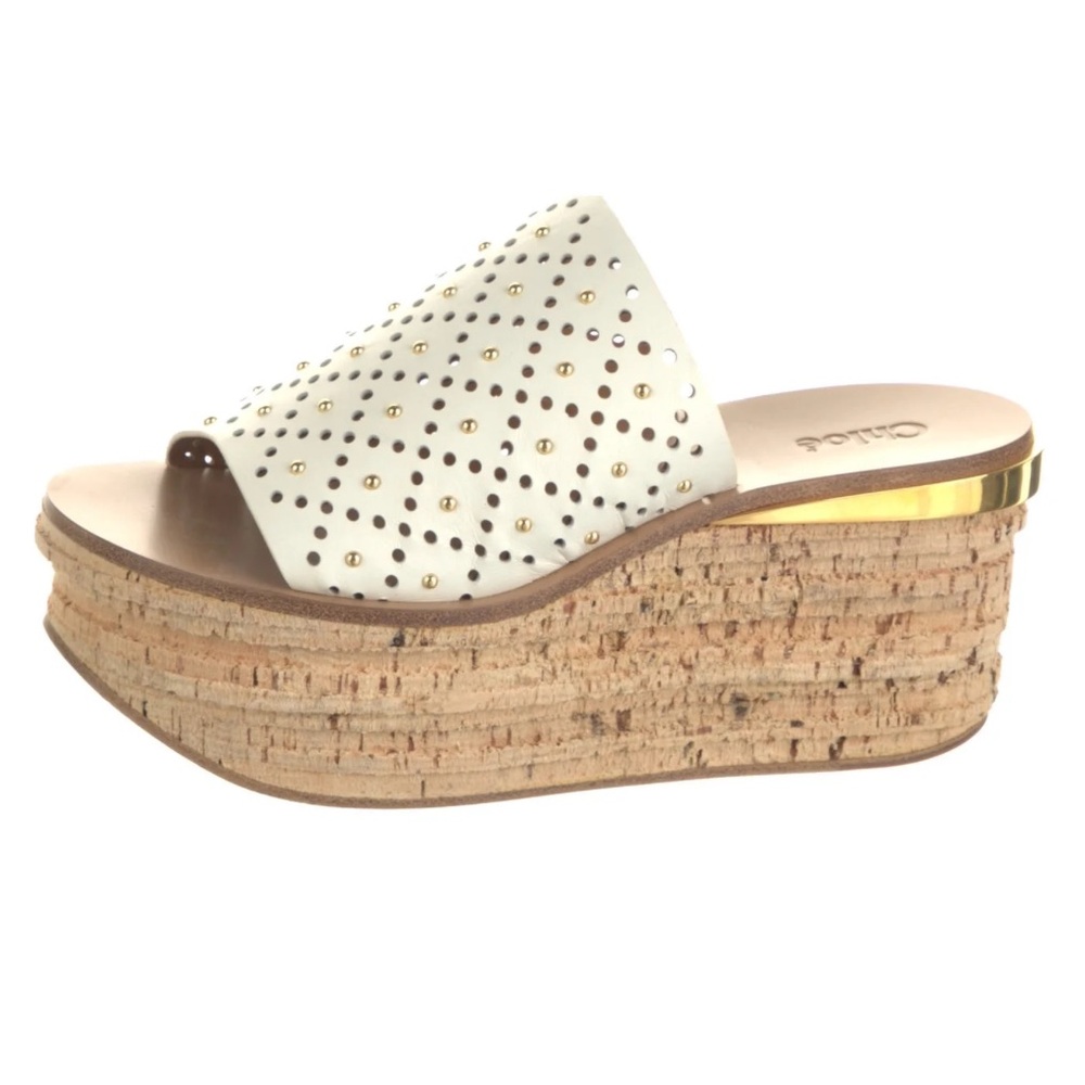 Chloé white leather platform slides with studded accents and cork wedges
